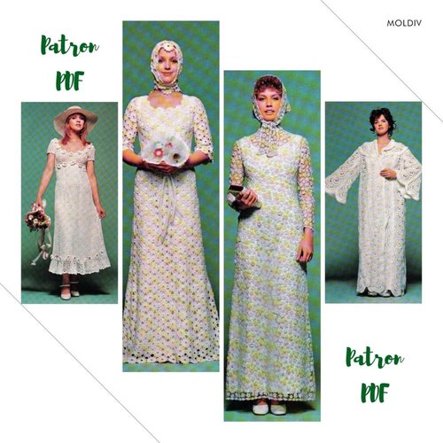 Offre spéciale.vintage 4 modèles longues  robes  dentelles mariage , crochet ,pour femme.patron -tutoriels en français format pdf