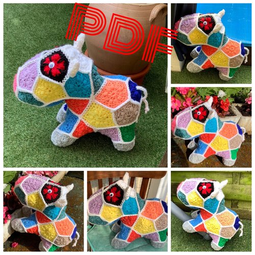 Format pdf. amigurumis.modèle peluche - hippopotame bébé , multicolore au crochet ( style petites fleurs africaines).