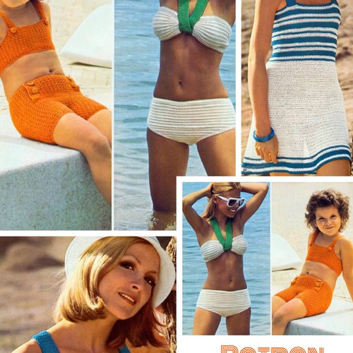 Offre spéciale.livre - patron .vintage 3 modèles  de plage : robe(crochet ),maillot bain ( tricot)et ensambles pour enfant ( crochet)