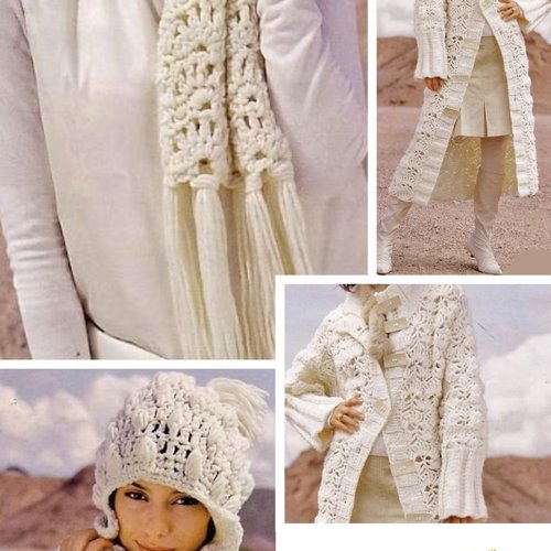 Vintage .modèle chic manteau - cardigan ,bonnet et écharpe au crochet pour femme.patron -tutoriels en français  pdf