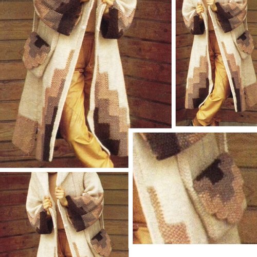Vintage .modèle chic manteau - cardigan avec capuche et petit sac en tricot  pour femme.patron -tutoriels en français ,anglais format pdf