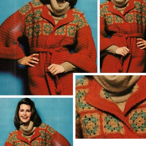Modèle chic gilet cardigan ,multicolore en carré grand mère au crochet ,  pour femme .patron tutoriels anglais en format pdf
