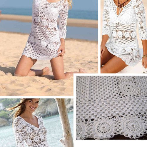 Modèle robe tunique crochet coton blanc.schemas,diagrammes avec explication design technique en format pdf