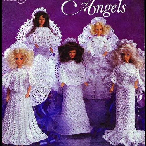 Magazine vintage,5 modèles robe anges au crochet coton blanc pour poupée barbie.patterns,tutoriels ,pdf anglais