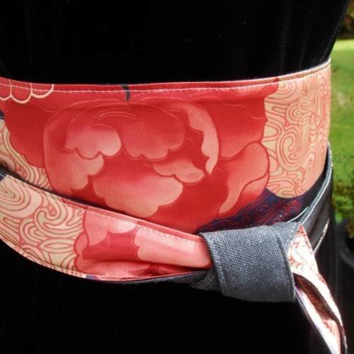 Ceinture obi, dessins japonais, doublée lin couleur naturel, réversible, ceinture kimono