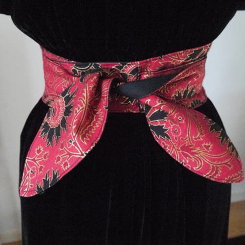 Ceinture obi tissu rouge noir et doré doublée de lin noir - obi