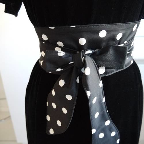 Ceinture obi style ceinture japonaise réversible : noir et gros pois blanc + noir