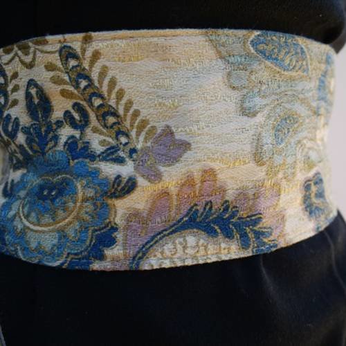 Ceinture obi style japonaise tissu pur vintage bleu or.. réversible lin naturel