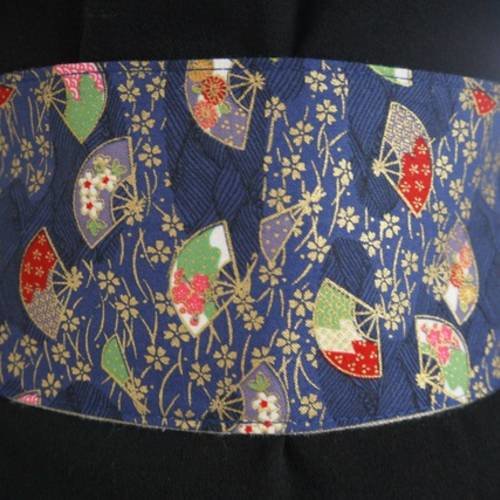 Obi en véritable tissu japonais - réversible lin naturel - bleu doré rouge... ceinture tissu 36 au 44