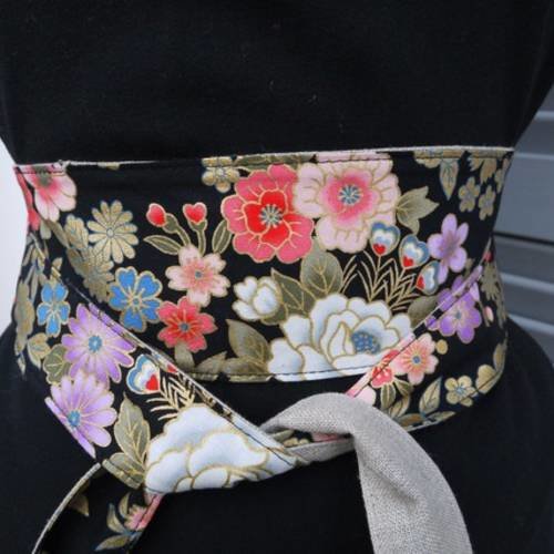 Obi ceinture style kimono réalisée avec du tissu japonais réversible lin naturel - modèle unique