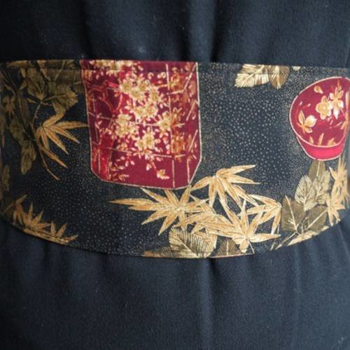 Obi ceinture style kimono réalisée avec du tissu japonais réversible noir - modèle unique