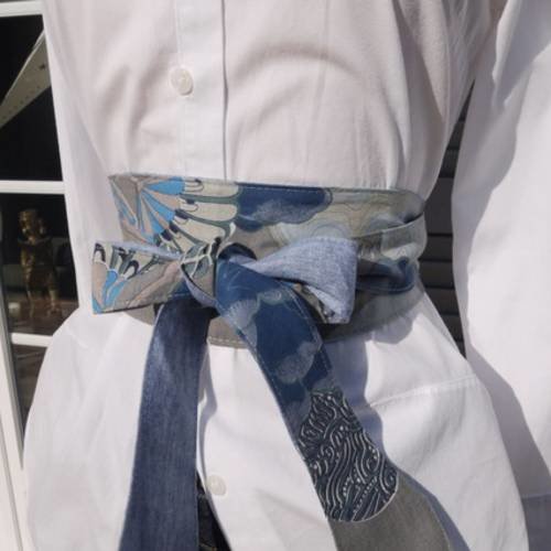 Obi ceinture style japonais - réversible 2 faces : 1 motif fleuri l'autre bleu jean's