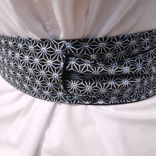 Obi ceinture style japonais - réversible 2 faces : 1 dessins géométriques japonais l'autre toile noire 