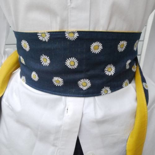 Obi ceinture style japonais - réversible 2 faces : 1 motif fleuri l'autre bleu jean's
