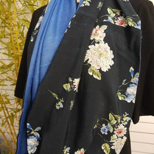 Snood foulard circulaire écharpe tube - 2 faces différentes - imprimé style japon et bleu électrique 