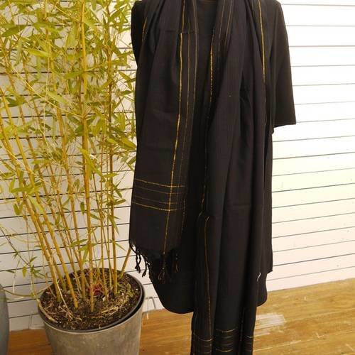 Très long foulard cheche coton noir et doré - grandes dimensions 