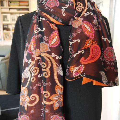 Grand foulard cheche double face bi matière - mousseline style cachemire et soie de sari indien