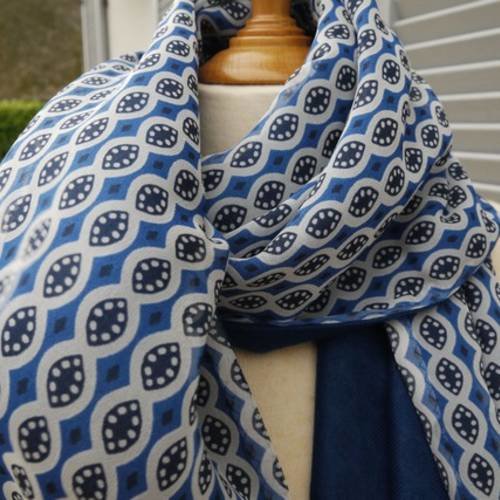 Long foulard mousseline de soie doublée bleu - modèle unique - cheche écharpe