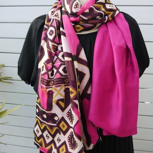 Long foulard double face 100 % silk - mousseline de soie imprimée et voile de soie