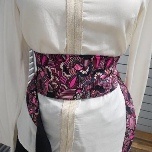 Ceinture obi style ceinture kimono - réversible - fond noir et motifs rose indien....