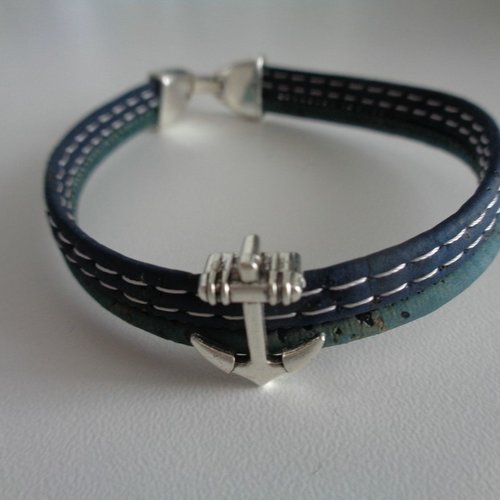Bracelet en cordons de liège bleu marine et turquoise foncé