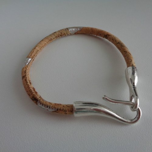 Bracelet en cordon de liège naturel et argent, crochet hameçon