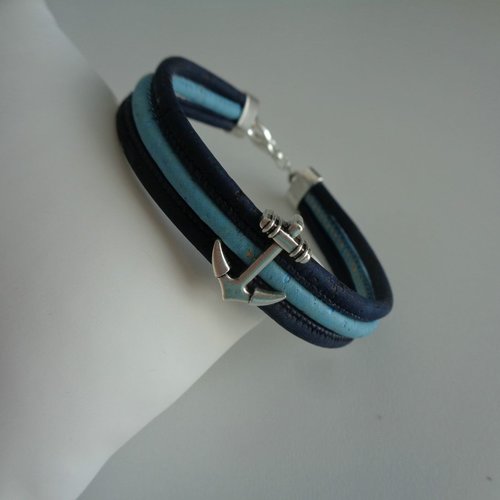 Bracelet en 3 cordons de liège bleu marine et turquoise