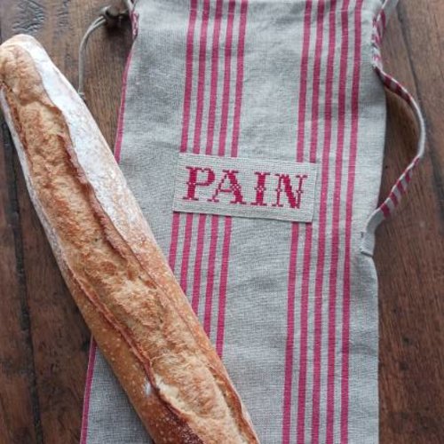 Sac à pain en lin brut rayé bordeaux brodé main