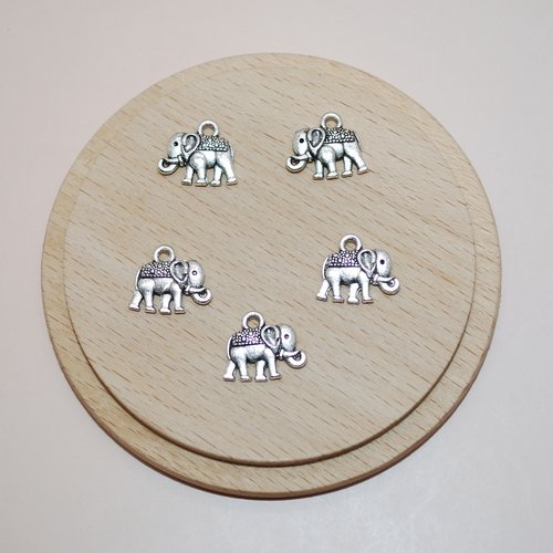 Lot de 5 breloques éléphants argents 12x14mm pour création de bijoux, lot elephants argents