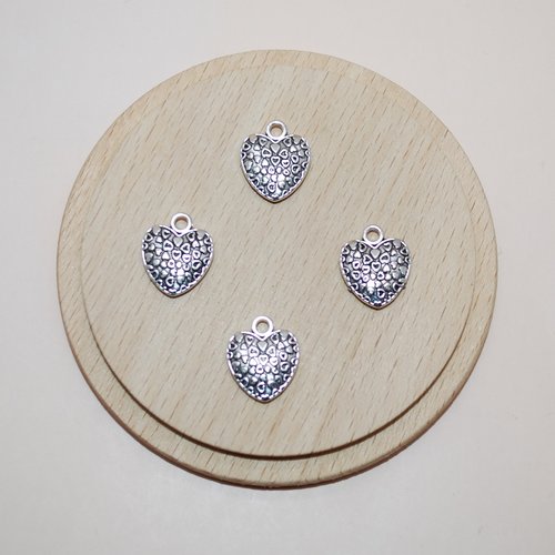 Lot de 4 breloques coeurs argents 15mm pour création de bijoux, pendentif coeur argent