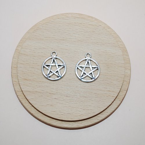 Lot de 2 pendentifs pentacles wicca argents 20mm pour création de bijoux, breloque étoile pentagramme