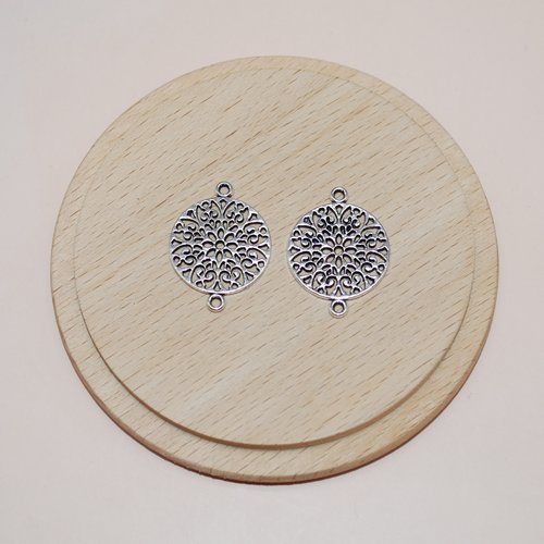 Lot de 2 connecteurs chandeliers mandalas argents 25mm pour création de bijoux, pendentifs breloques mandalas argents