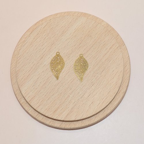 Lot de 2 breloques feuilles filigranes en acier inoxydable doré 19x10mm pour création de bijoux