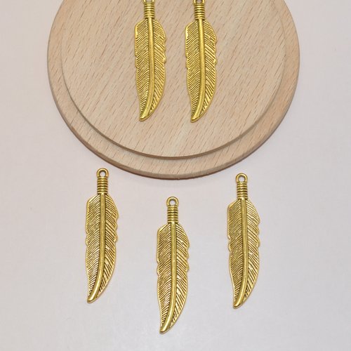 Lot de 5 breloques plumes dorées 42mm pour création de bijoux, pendentif plume doré