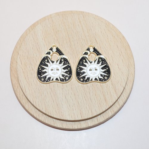 Lot de 2 breloques soleils en email doré et noir pour création de bijoux