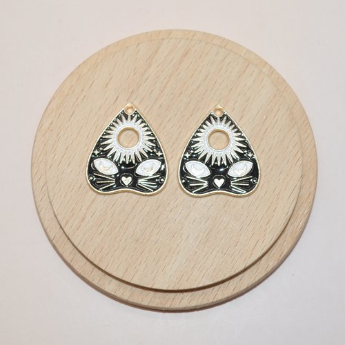Lot de 2 breloques soleils et chats en email doré et noir pour création de bijoux