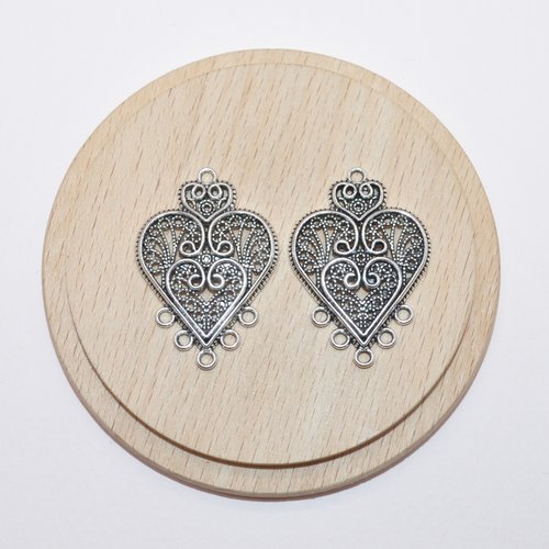 Lot de 2 connecteurs chandeliers coeurs argents 2.5x3.5cm pour création de bijoux
