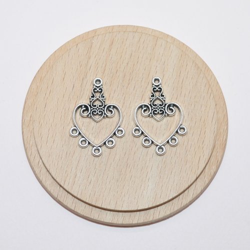 Lot de 2 connecteurs chandeliers coeurs argents 3.1x2.1cm pour création de bijoux