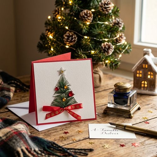 Carte de noël brodée sapin