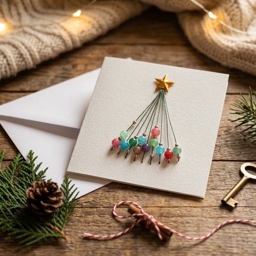 Carte de noël brodée sapin perles