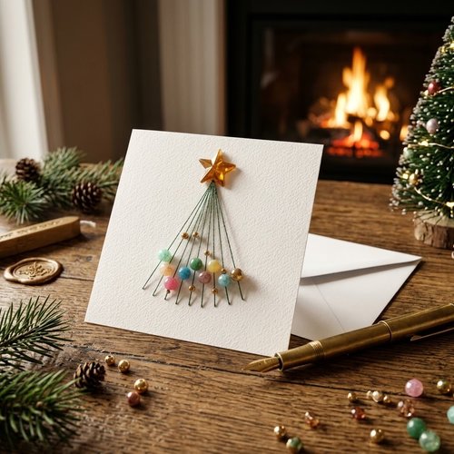 Carte de noël brodée sapin perles strass
