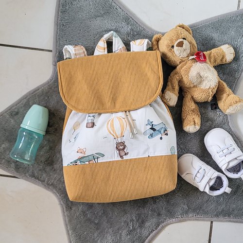 Sac maternelle personnalisé renard velours jaune moutarde | sac crèche bébé | sac enfant prénom