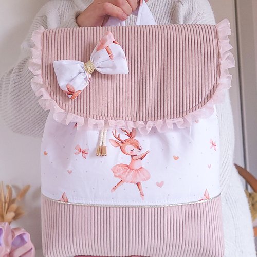 Sac maternelle personnalisé biche, sac à dos enfant velours rose, sac école fille, sac de danse  ballerine,