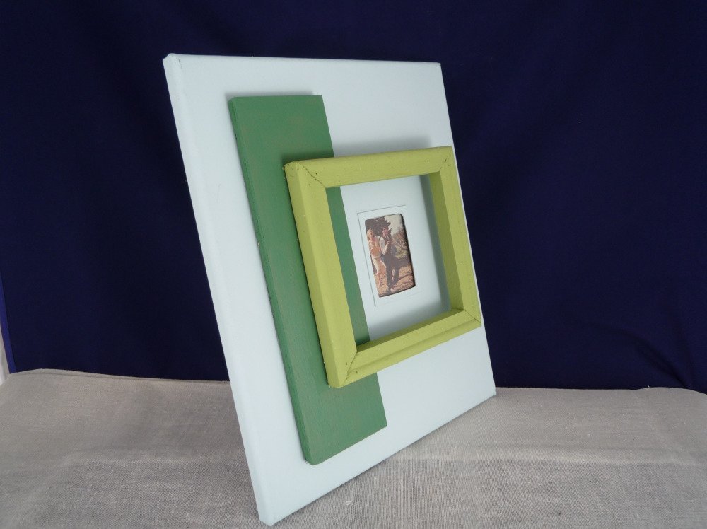 Cadre photo decoratif contemporain original, chassis entoilé toile peinte à la main, travail du