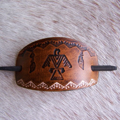Barrette en cuir brun, taille moyenne à grande, esprit amérindien, décorée d'un aigle