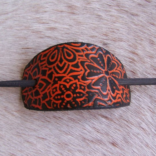 Barrette à cheveux  fleurie en cuir noir et orange, taille moyenne à grande, création française