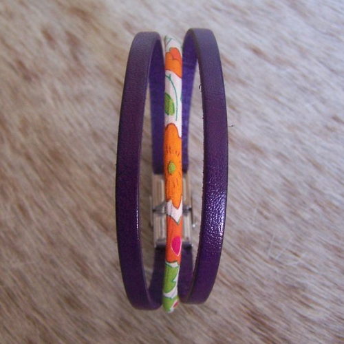 Bracelet multi-rangs, cuir violet et liberty, création française