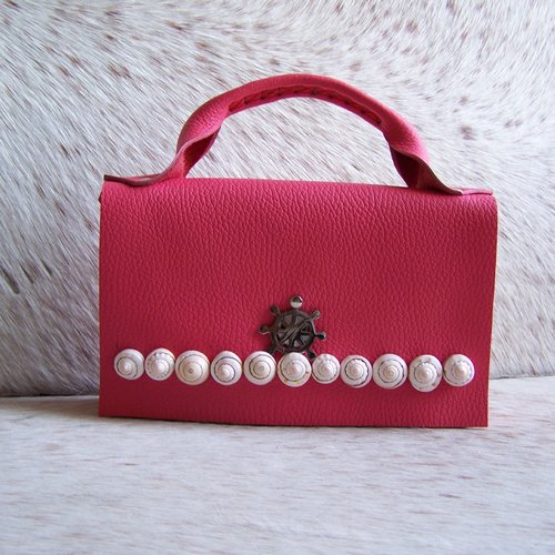 Mini sac à main en cuir rose et beige, pochette coquillage, création française unique