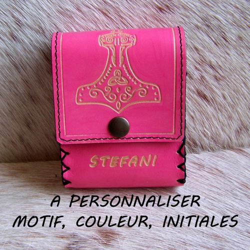 Etui à cigarettes à personnaliser, en cuir rose et noir, création artisanale française