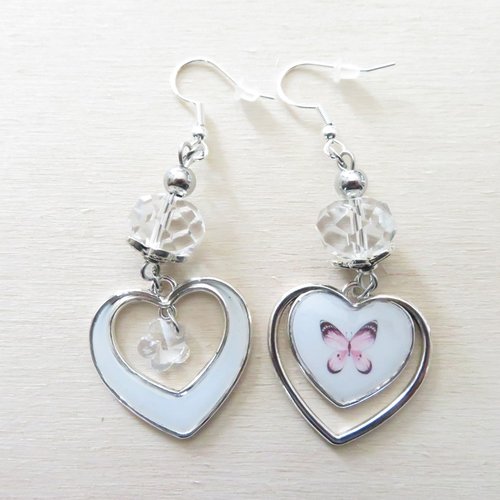 Boucles d'oreilles cœurs blanc, papillon